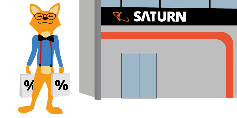 Man sieht eine Saturn Filiale im Hintergrund und der Smarte Fuchs steht auf dem Parkplatz vor dem Laden.